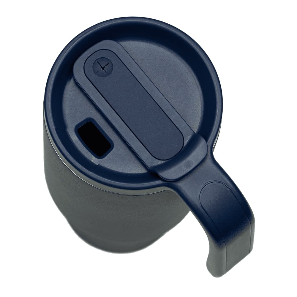 A drink bottle in navy blue with a handle and a lid featuring a spout opening and a button.
