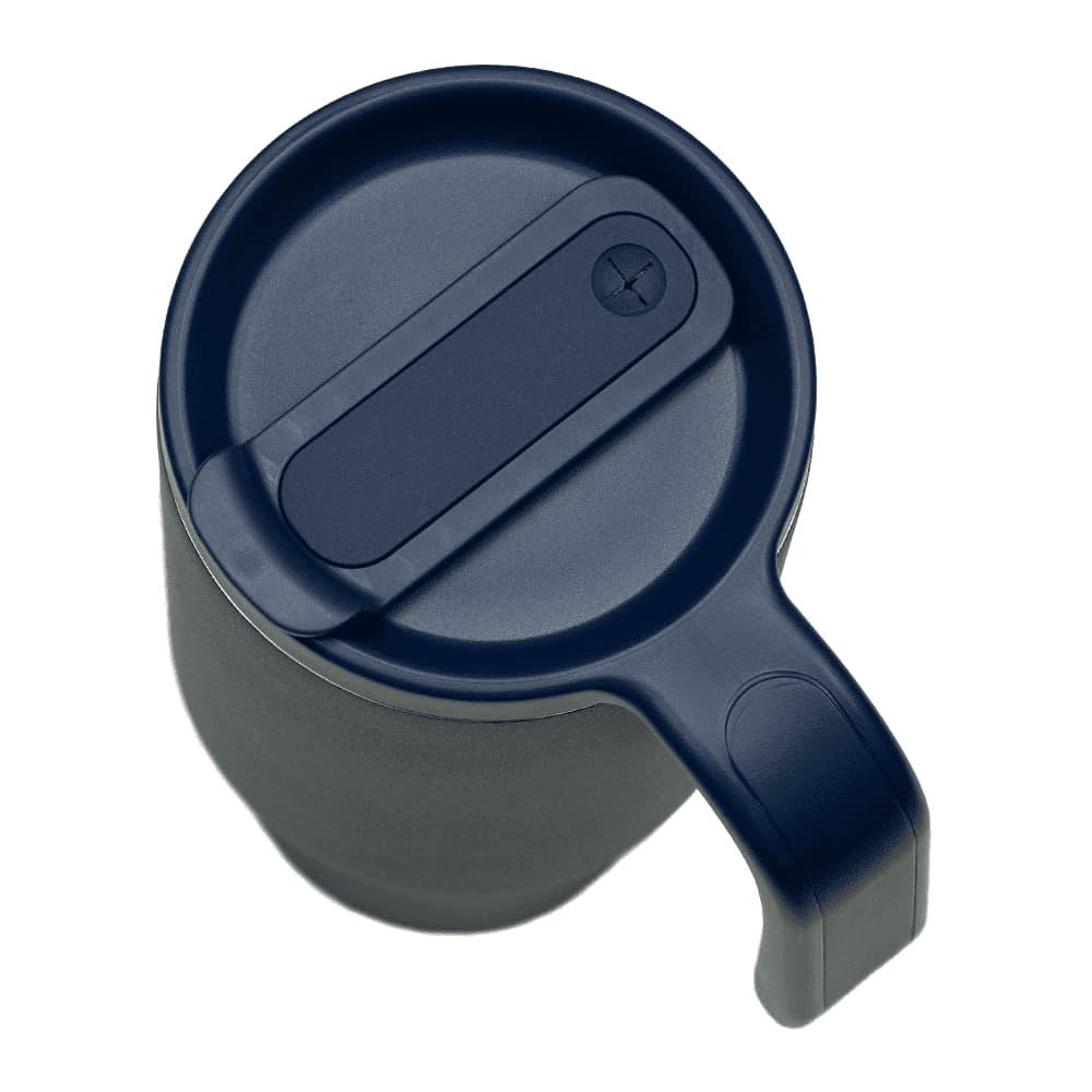 A drink bottle made of recycled material, featuring a dark blue colour and a handle for easy carrying.