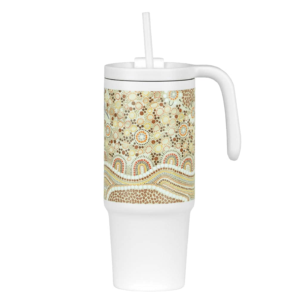 A drink bottle featuring a white base and colourful indigenous-style patterns, complete with a handle and a straw.