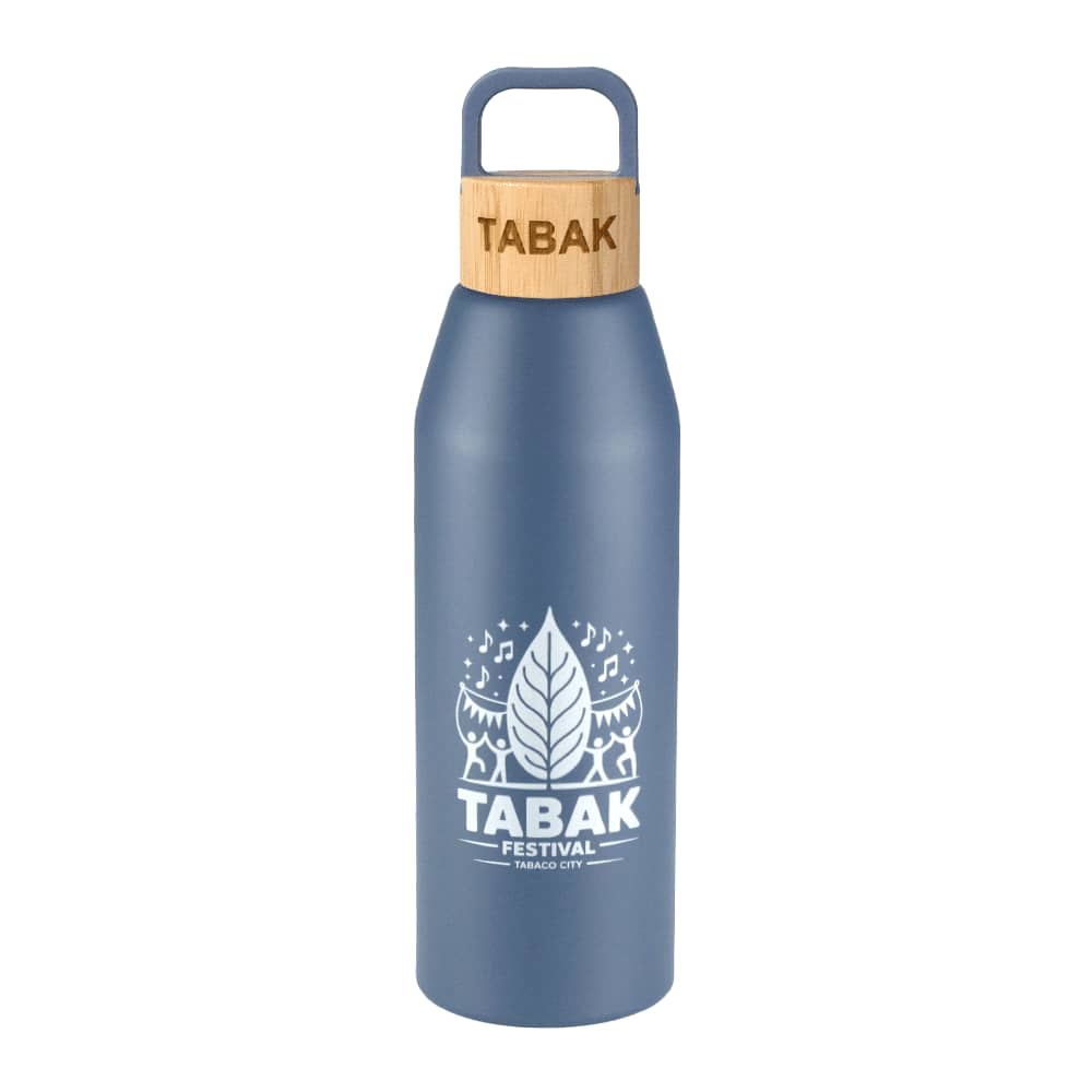 A drink bottle in blue with a bamboo lid and a logo, designed for reusable use.
