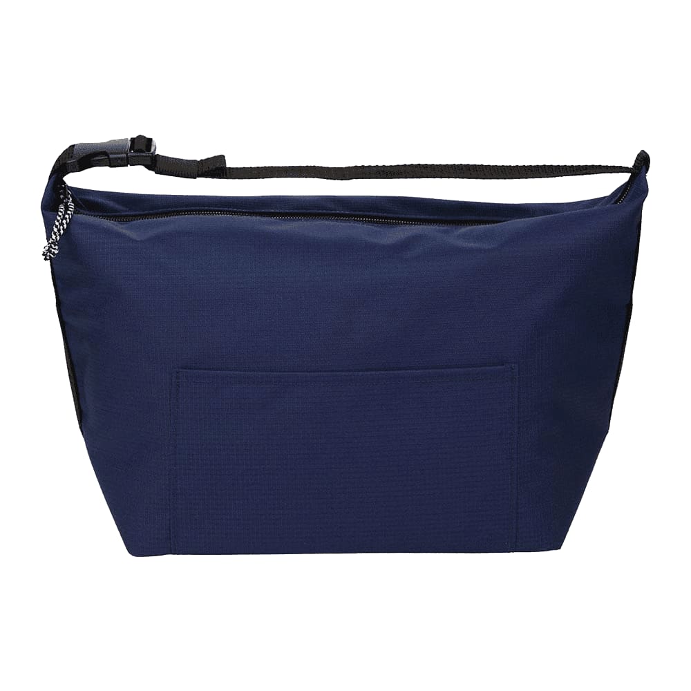 A navy blue cooler bag with a shoulder strap and a front pocket, featuring a logo.