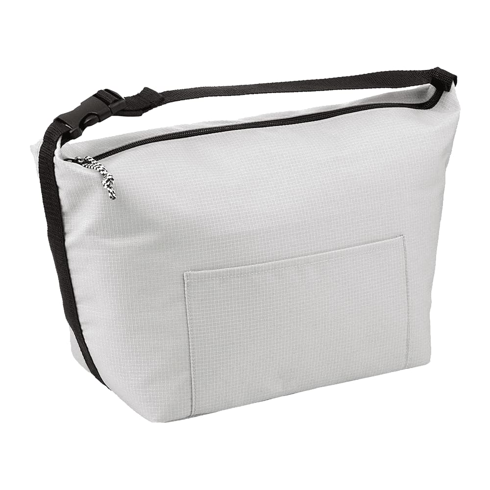 A grey cooler bag with a shoulder strap and front pocket, featuring a logo. Suitable for carrying lunch and drinks.