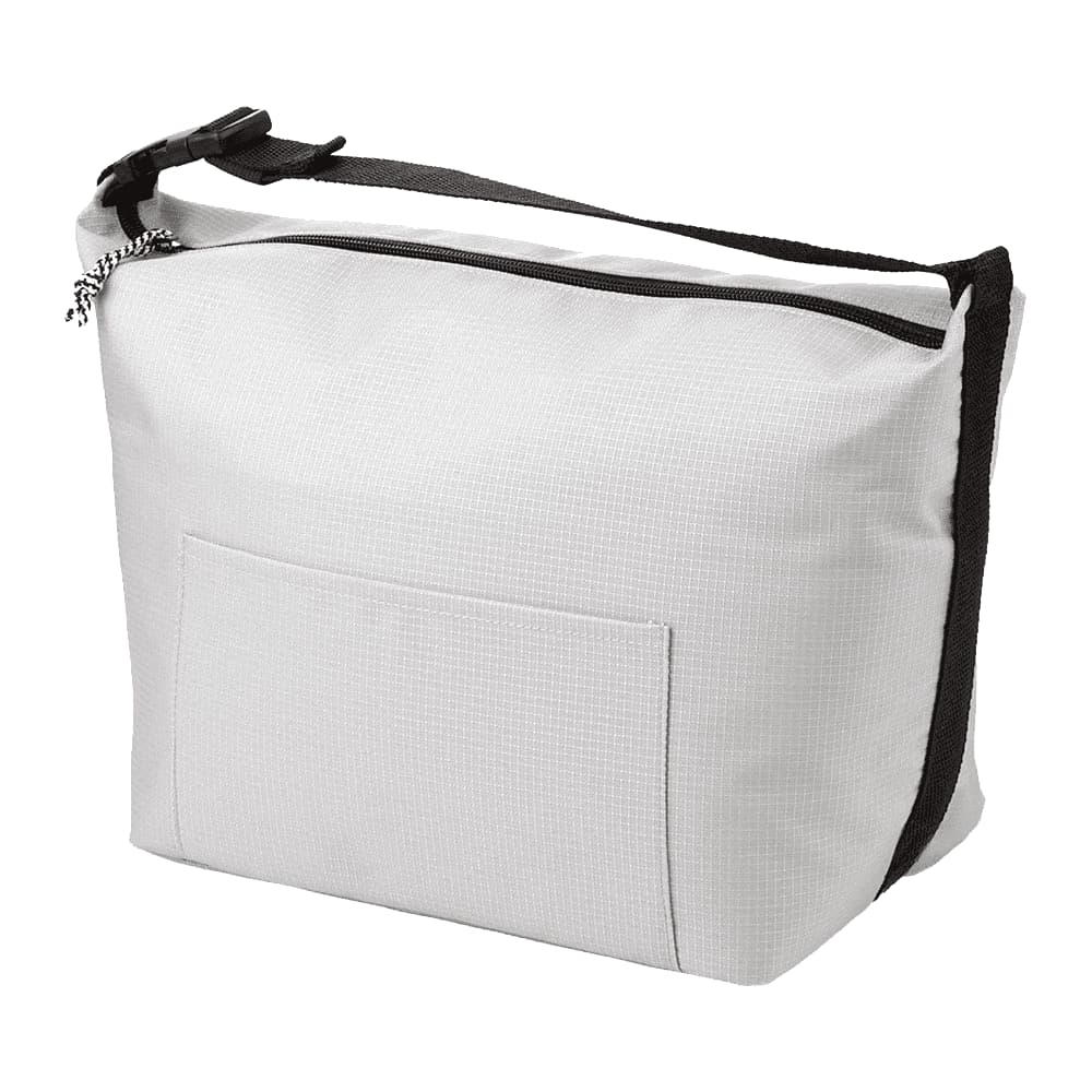 A grey cooler bag with a black strap and a pocket on the front, featuring a logo.