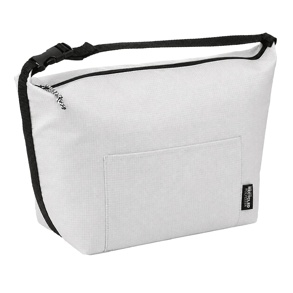 A grey cooler bag with a black trim and an external pocket, featuring a shoulder strap and a zip closure.