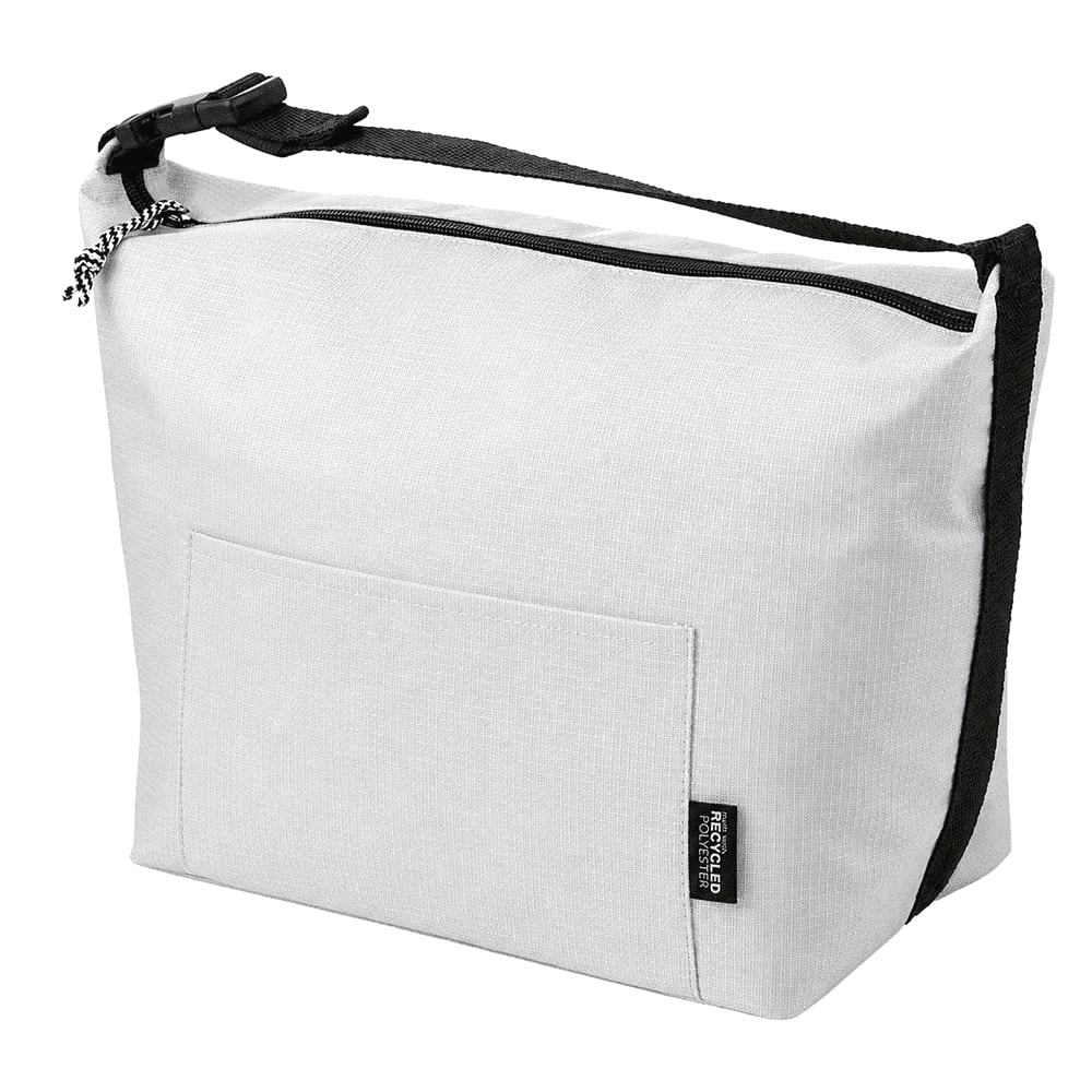 A grey cooler bag with a black strap and a front pocket, featuring a logo.