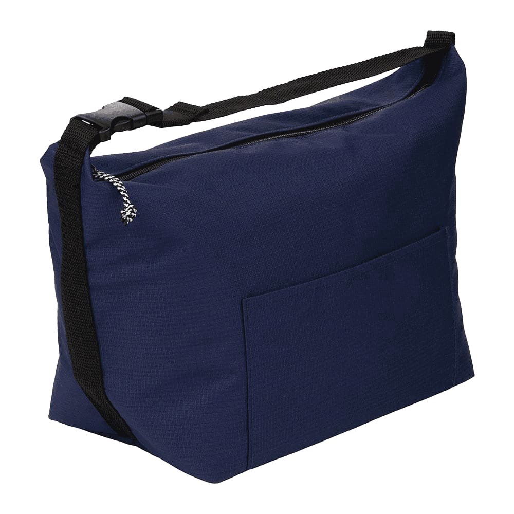 A navy blue lunch cooler bag with a shoulder strap and a front pocket, featuring a logo on the side.
