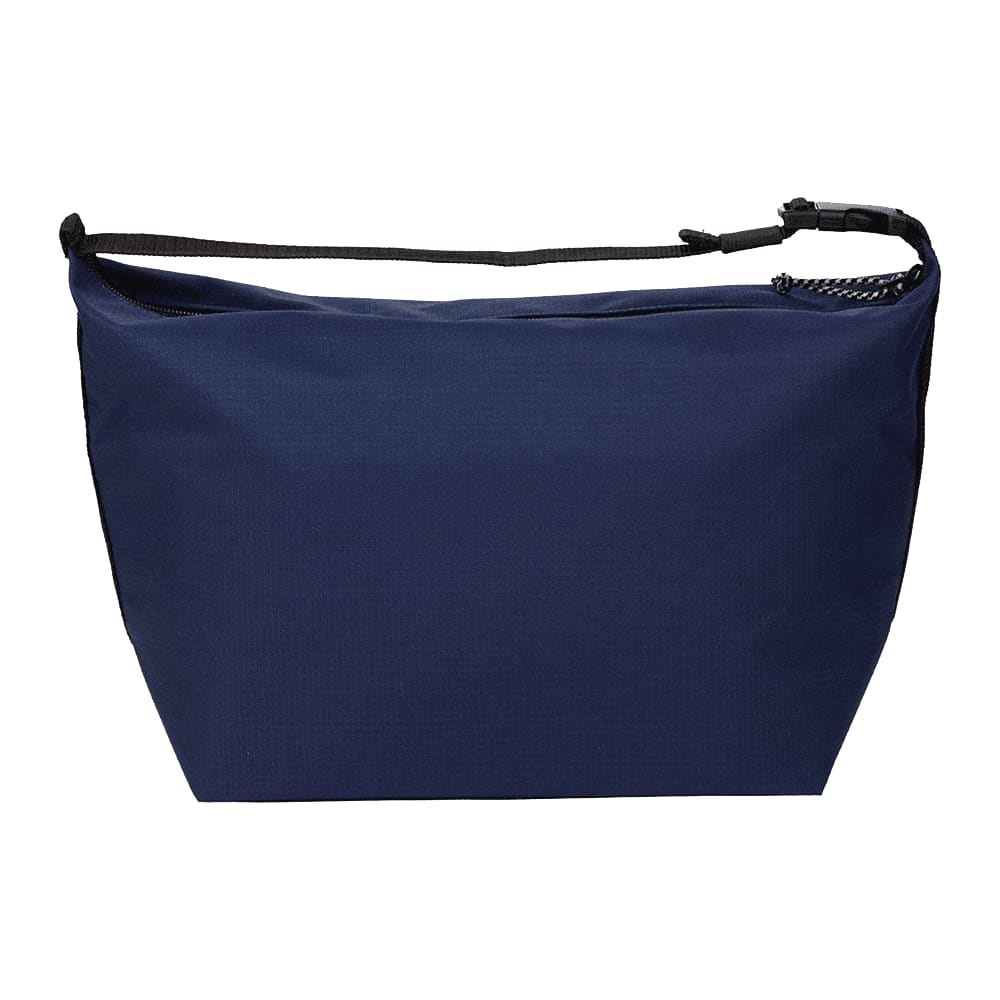 A navy blue cooler bag featuring a single zipper and a shoulder strap, with a logo on the front.
