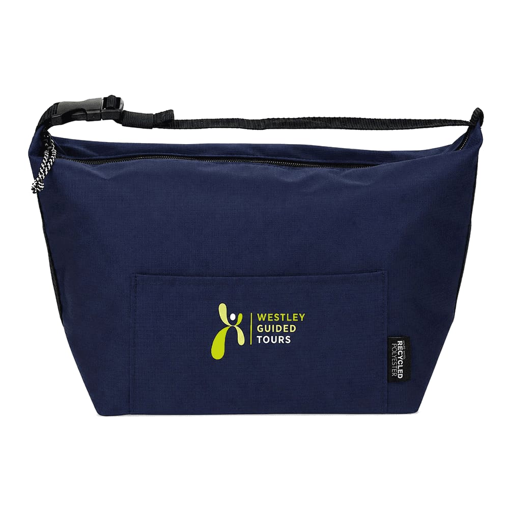 A navy blue cooler bag with a zipper, featuring a front pocket and a logo. Made from recycled materials.