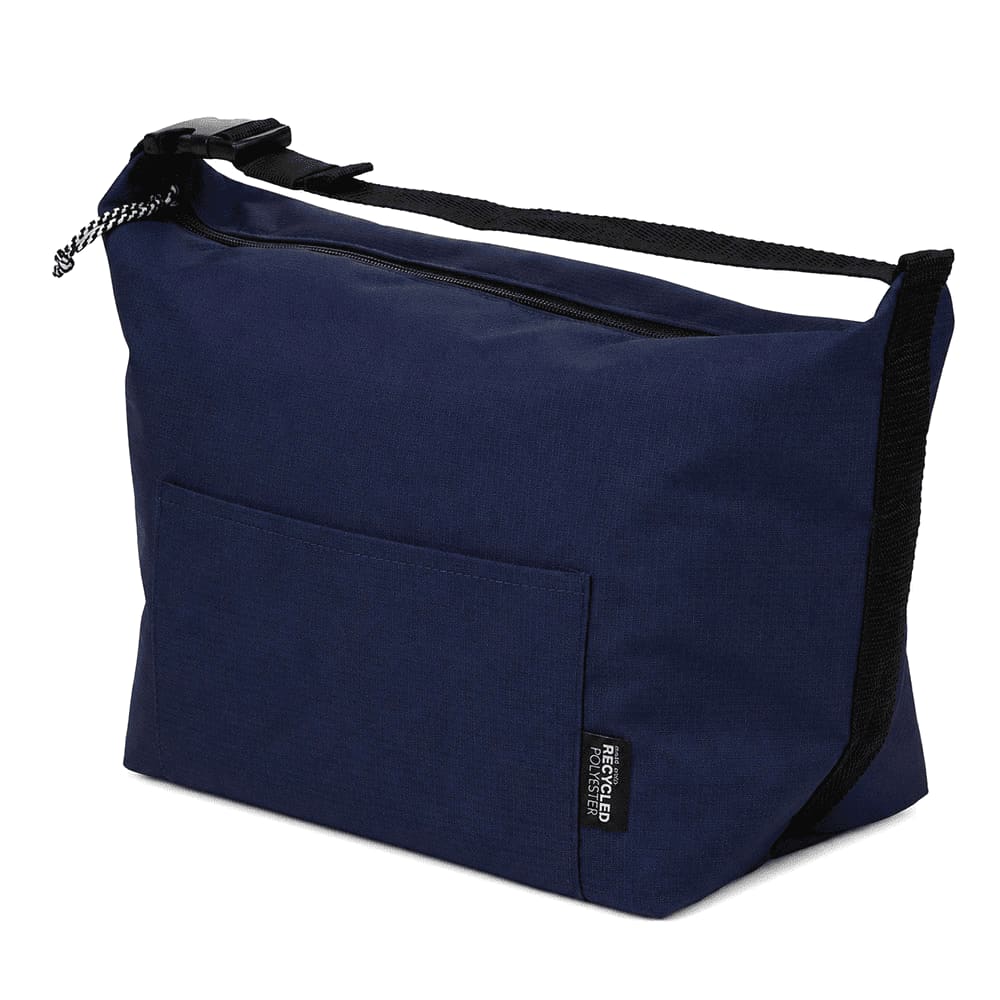 A navy blue recycled lunch cooler bag with a zip closure and a front pocket, featuring a shoulder strap.