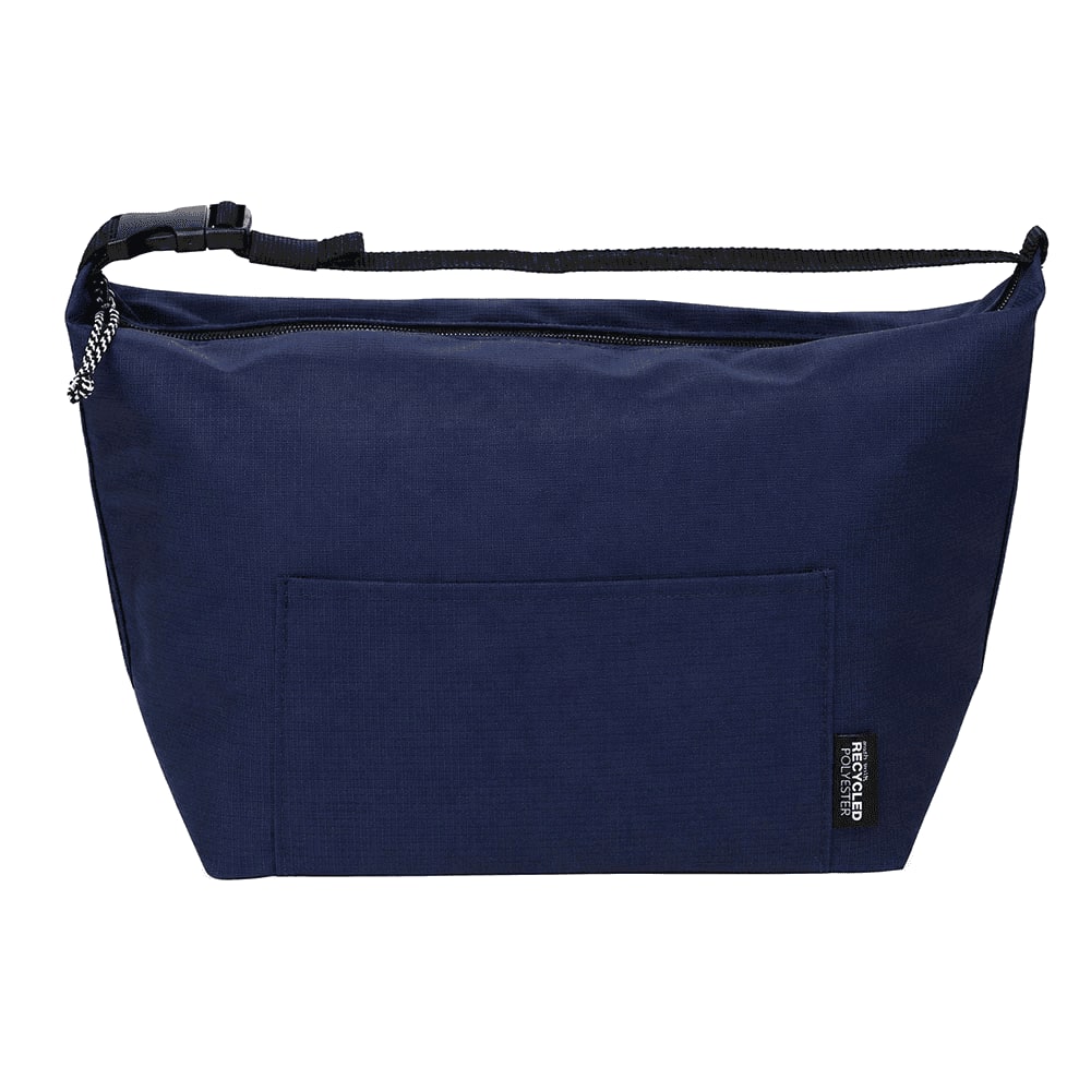 A navy cooler bag with a zippered closure, adjustable strap, and an external pocket. It features a brand logo.