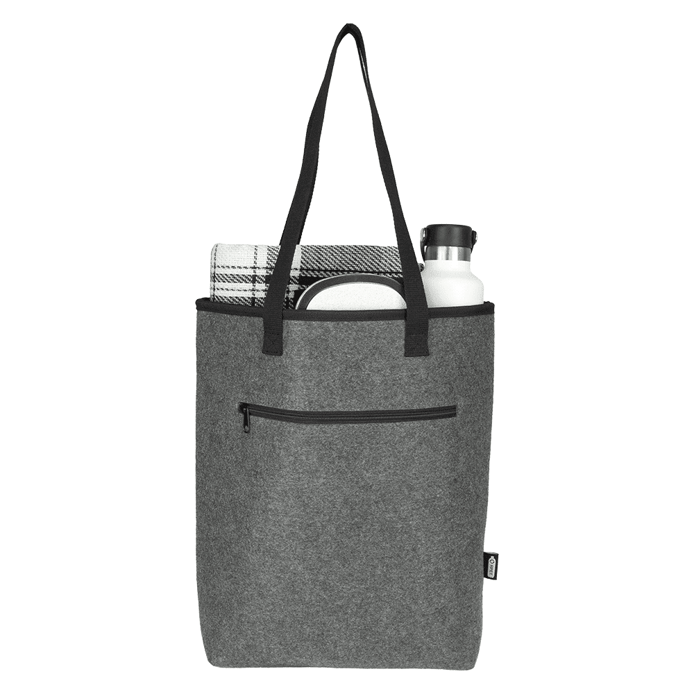 A grey cooler tote bag with a water bottle, a plate, and a checkered cloth visible inside. Features a front zip pocket.