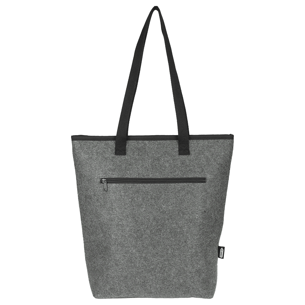 A grey cooler tote bag with black handles and a zippered front pocket, featuring a logo.