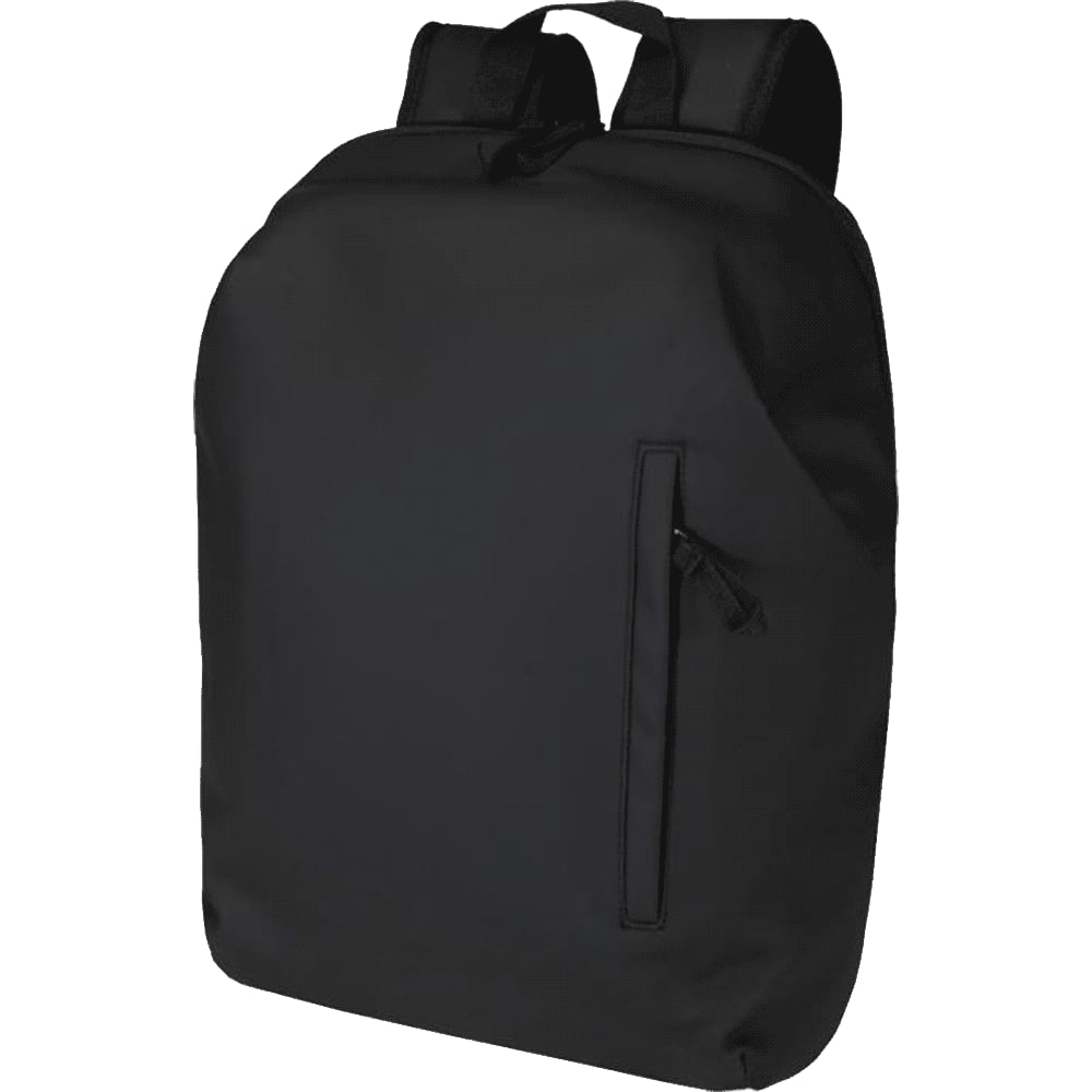 A sleek black recycled anti-theft backpack with adjustable straps and a side zip pocket, featuring a logo.
