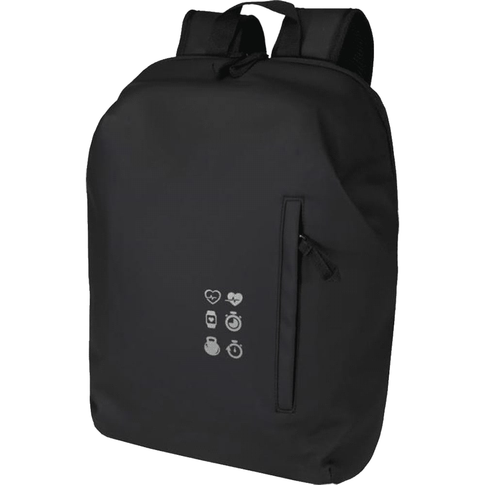 A black anti-theft backpack with a sleek design, featuring a zip pocket and subtle logo details.