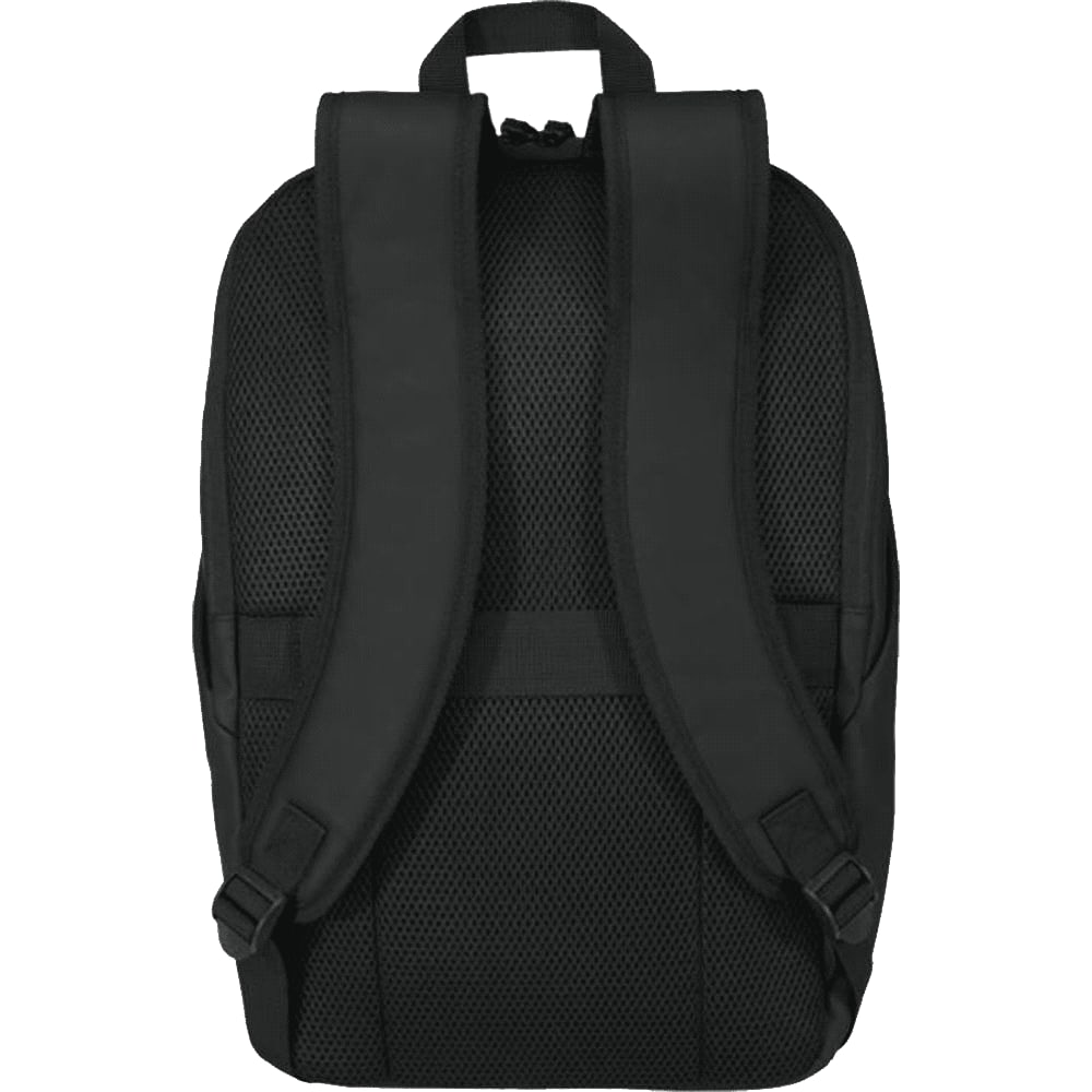 A black anti-theft backpack with padded, mesh shoulder straps and a spacious main compartment. Includes a logo.