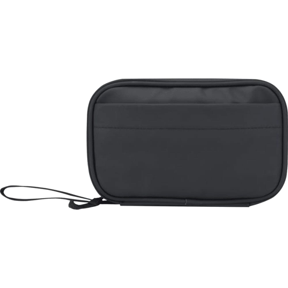 A black tech pouch with a zip closure and a wrist strap, featuring a textured fabric. It has a logo on the front.