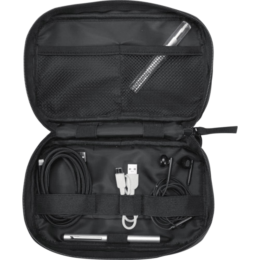 A black tech pouch featuring compartments for cables, earphones, a pen, and a USB connector, with a mesh pocket.