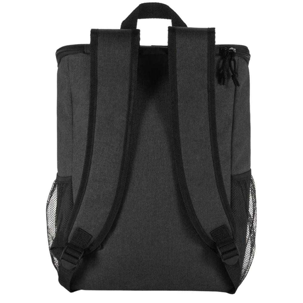 A dark grey backpack with adjustable straps and mesh side pockets, designed as a cooler bag.