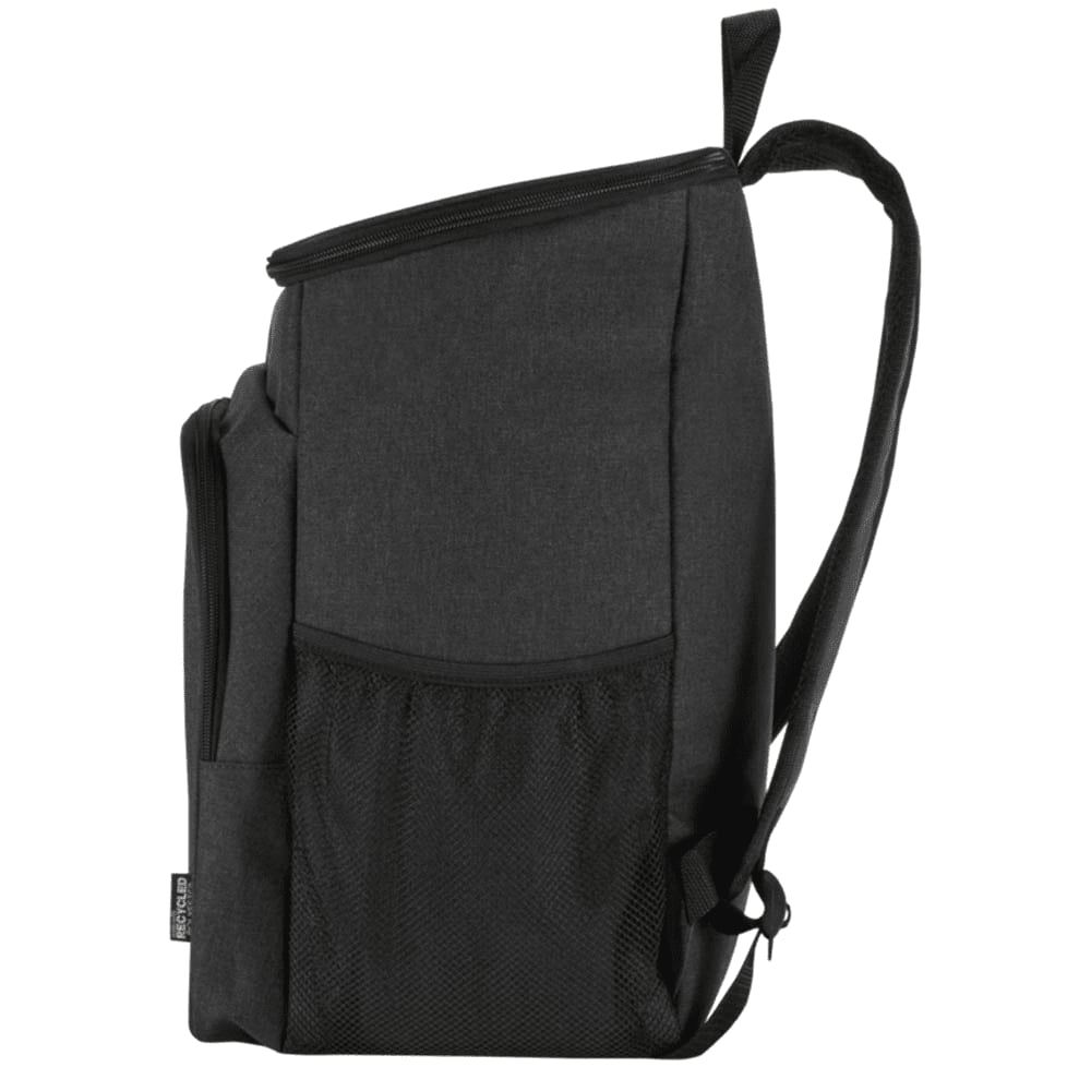 A black cooler backpack with adjustable straps and a side mesh pocket, designed for carrying food and drink essentials.