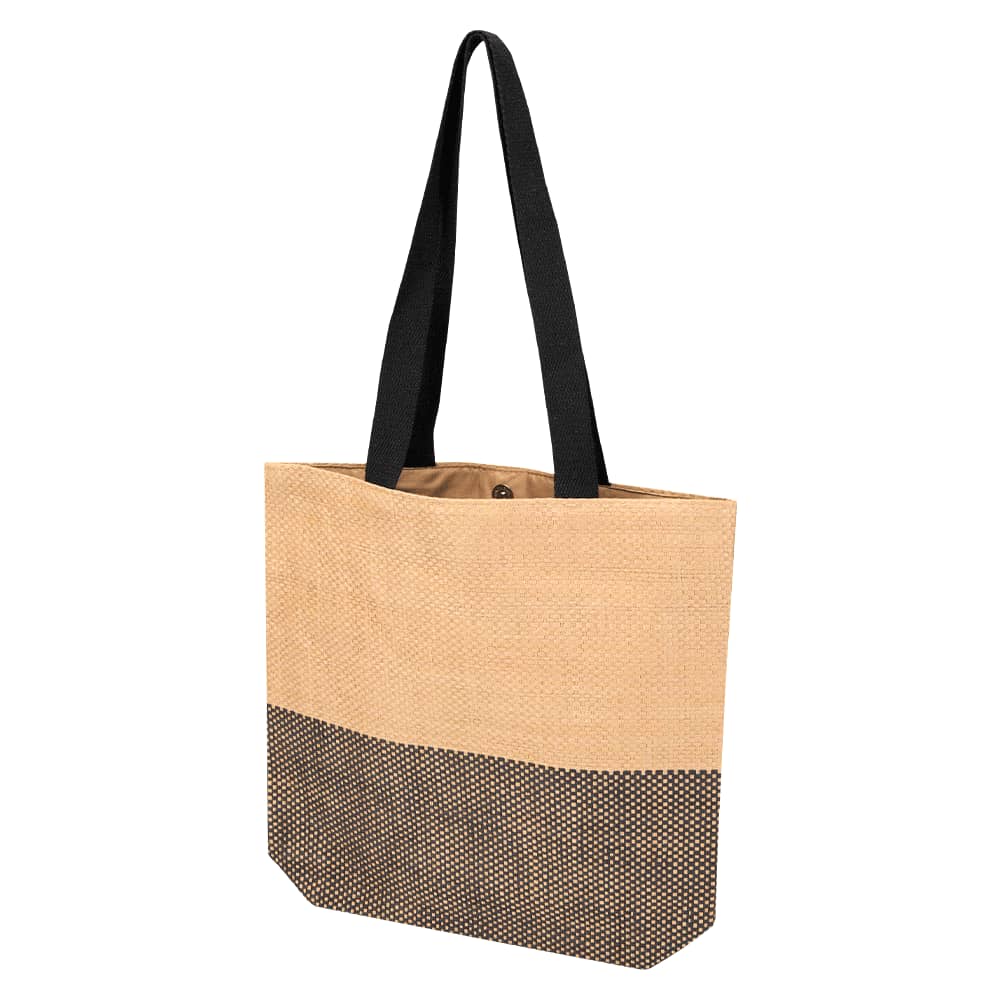 A tote bag with a tan upper section and a black lower section, featuring two black handles and a logo.