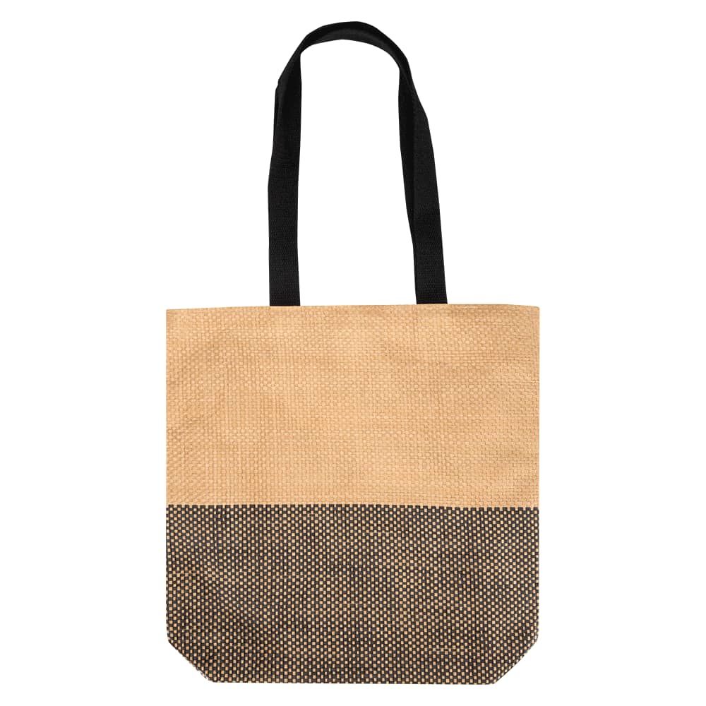 A tote bag in natural and black, featuring a textured design and two sturdy handles. Includes a logo on the side.