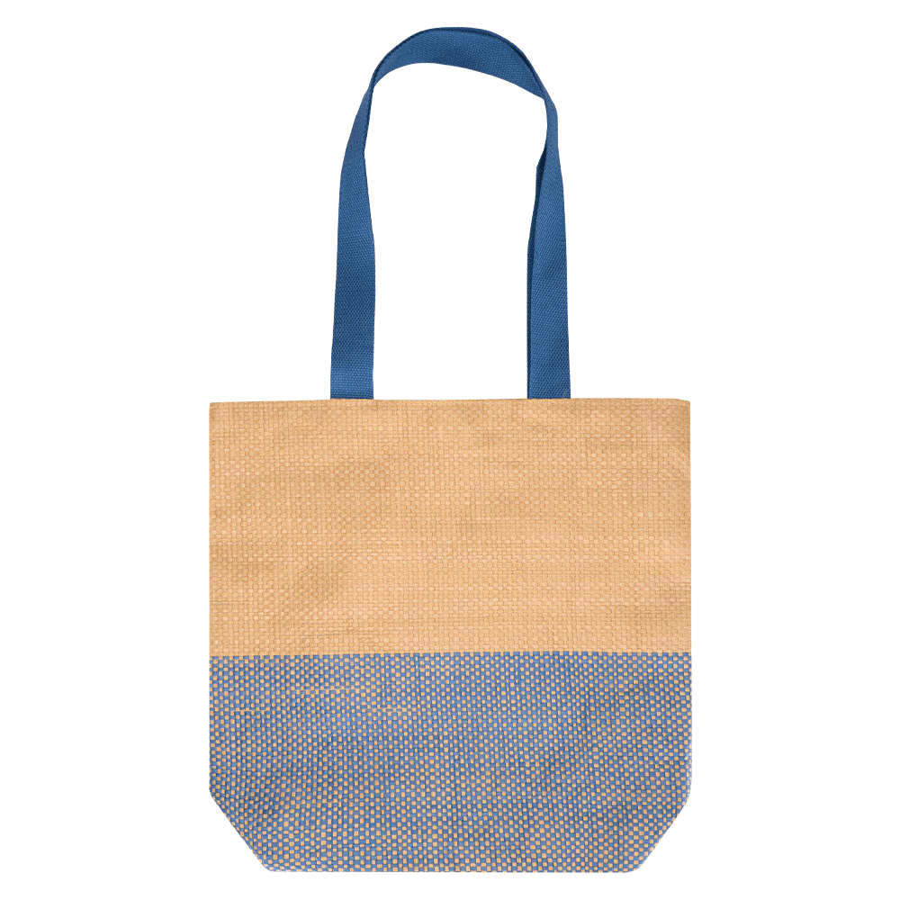 A tote bag with a natural tan upper and blue patterned lower section, featuring two blue handles and a logo.