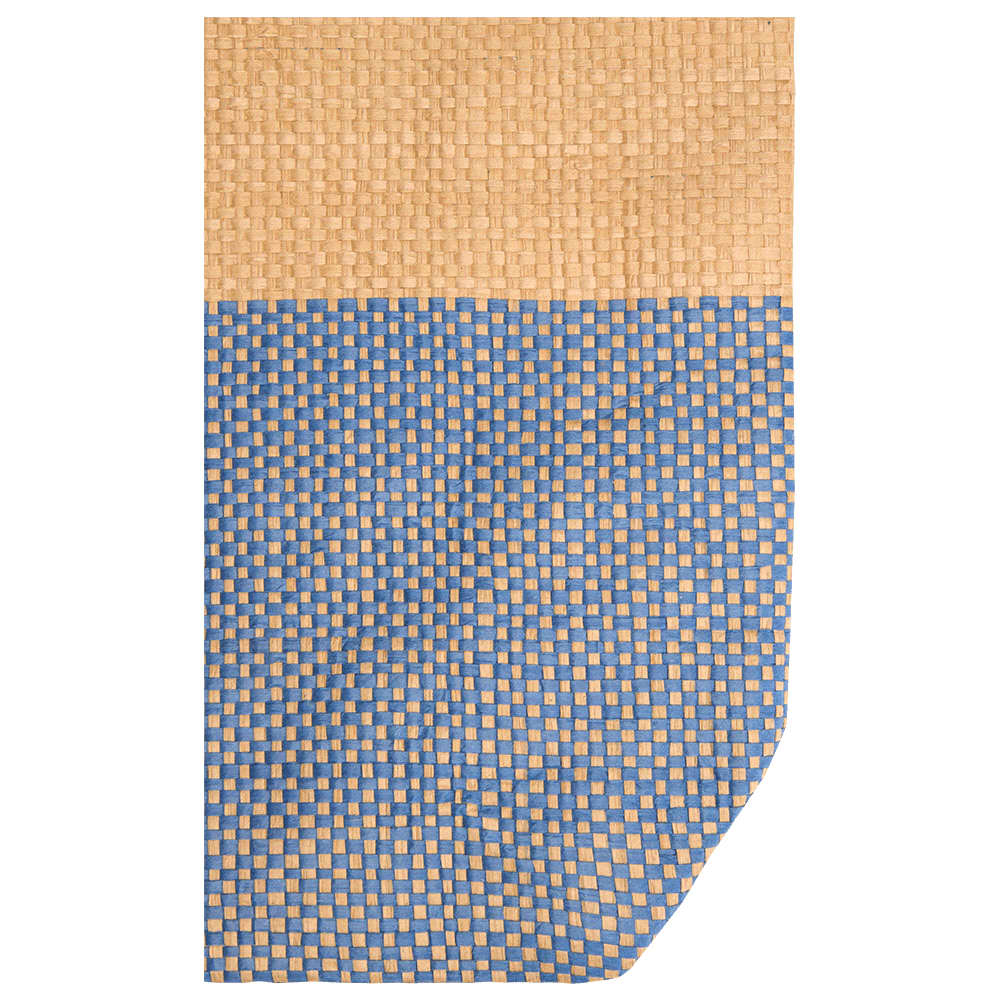 A textured tote bag featuring light brown and blue hues, with a woven pattern and a branded logo.