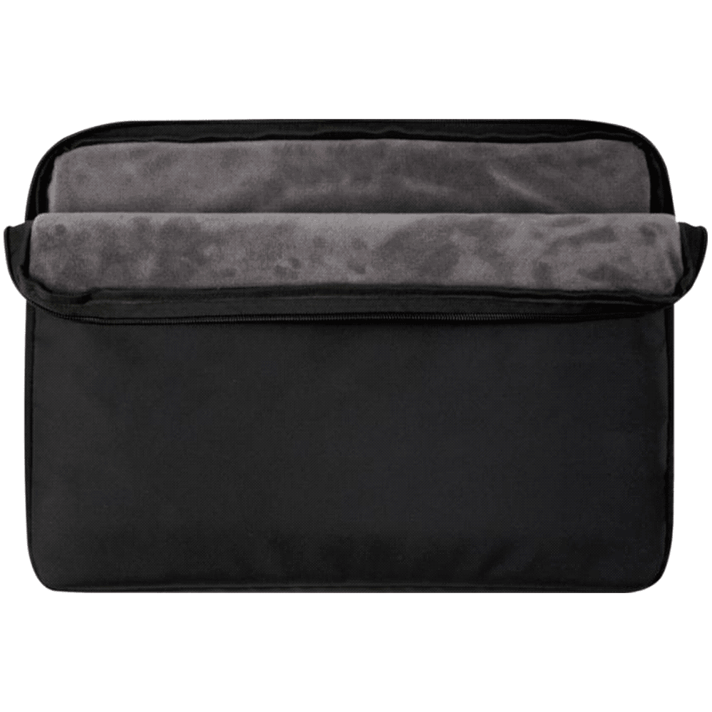 A black 15.6" laptop sleeve with a soft grey interior lining and a zip closure, featuring a logo.