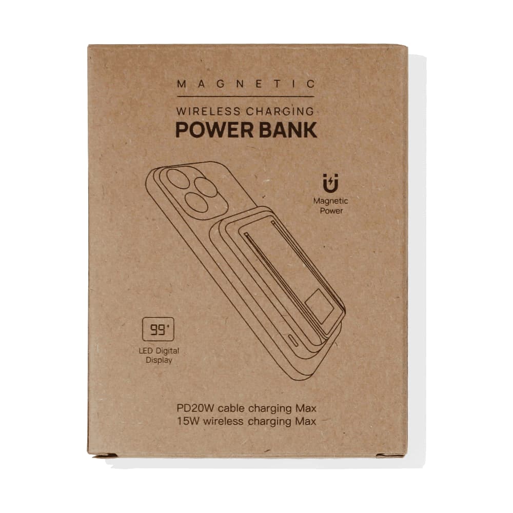 A brown cardboard box featuring a magnetic wireless power bank with a phone stand. The box includes an LED digital display.
