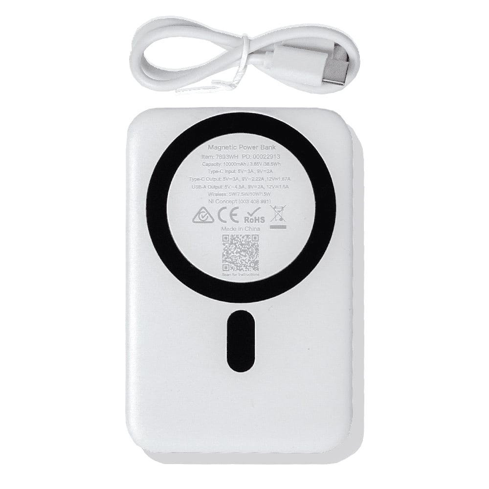 A white magnetic power bank with a phone stand, featuring a USB cable and a logo on the surface.