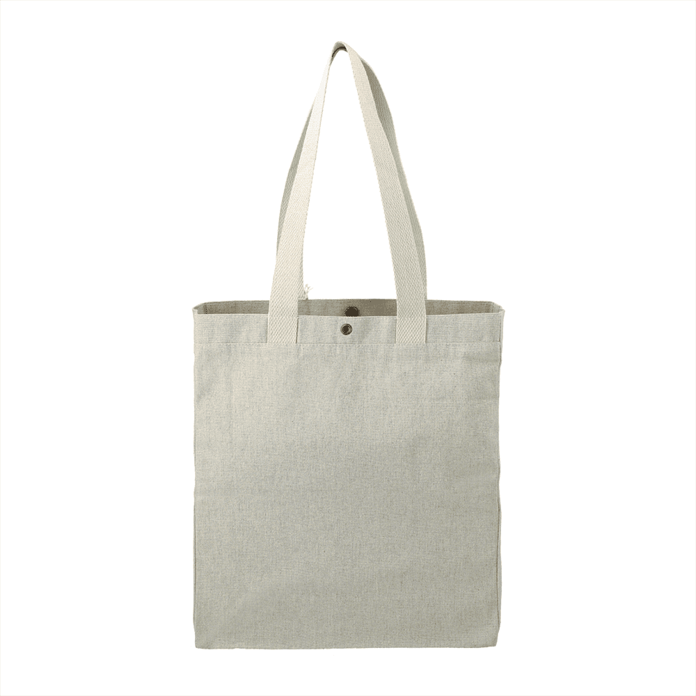 A recycled cotton tote bag in light grey, featuring a snap closure and two sturdy handles. It has a branding logo.