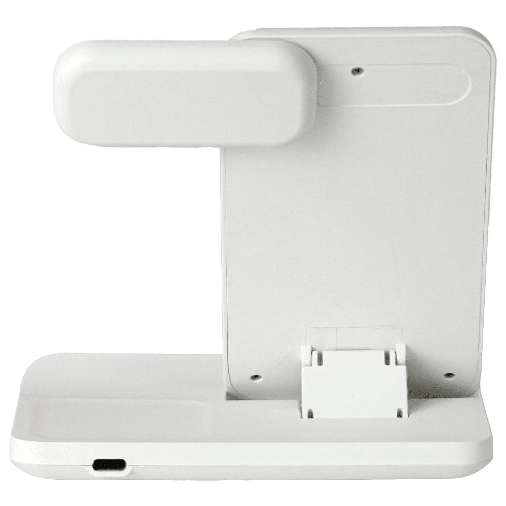 A white 3-in-1 wireless charger with a detachable section and a compact design. It features a logo on its surface.