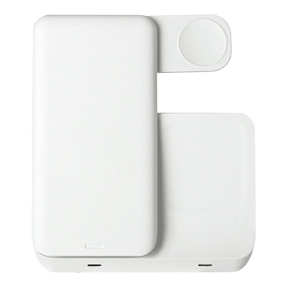 A white 3 in 1 wireless charger with a compact design and multiple charging surfaces, featuring a logo.