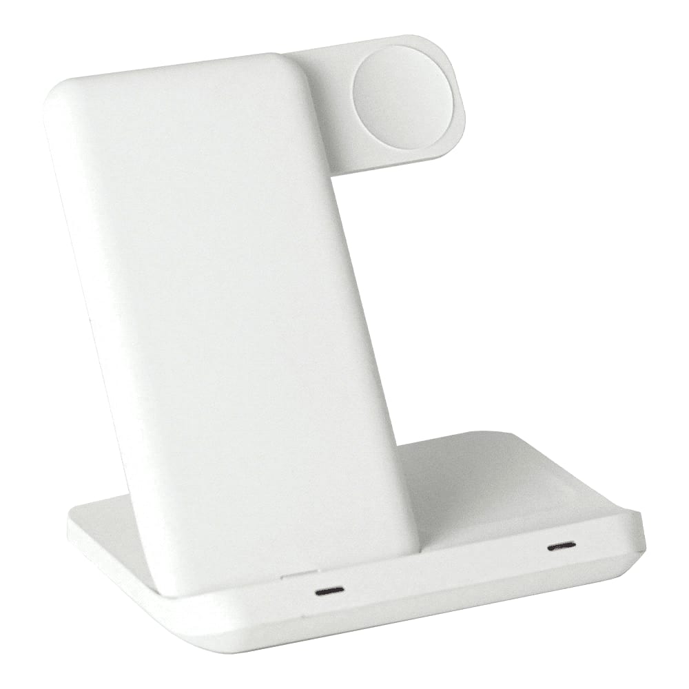 A white 3-in-1 wireless charger featuring a sleek, modern design with multiple charging surfaces and a logo.