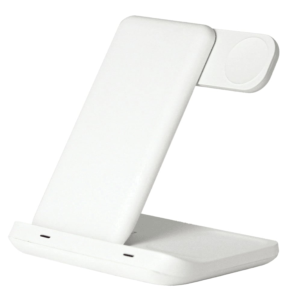 A white 3-in-1 wireless charger with a stand and an attachment for charging smart devices. It features a logo.