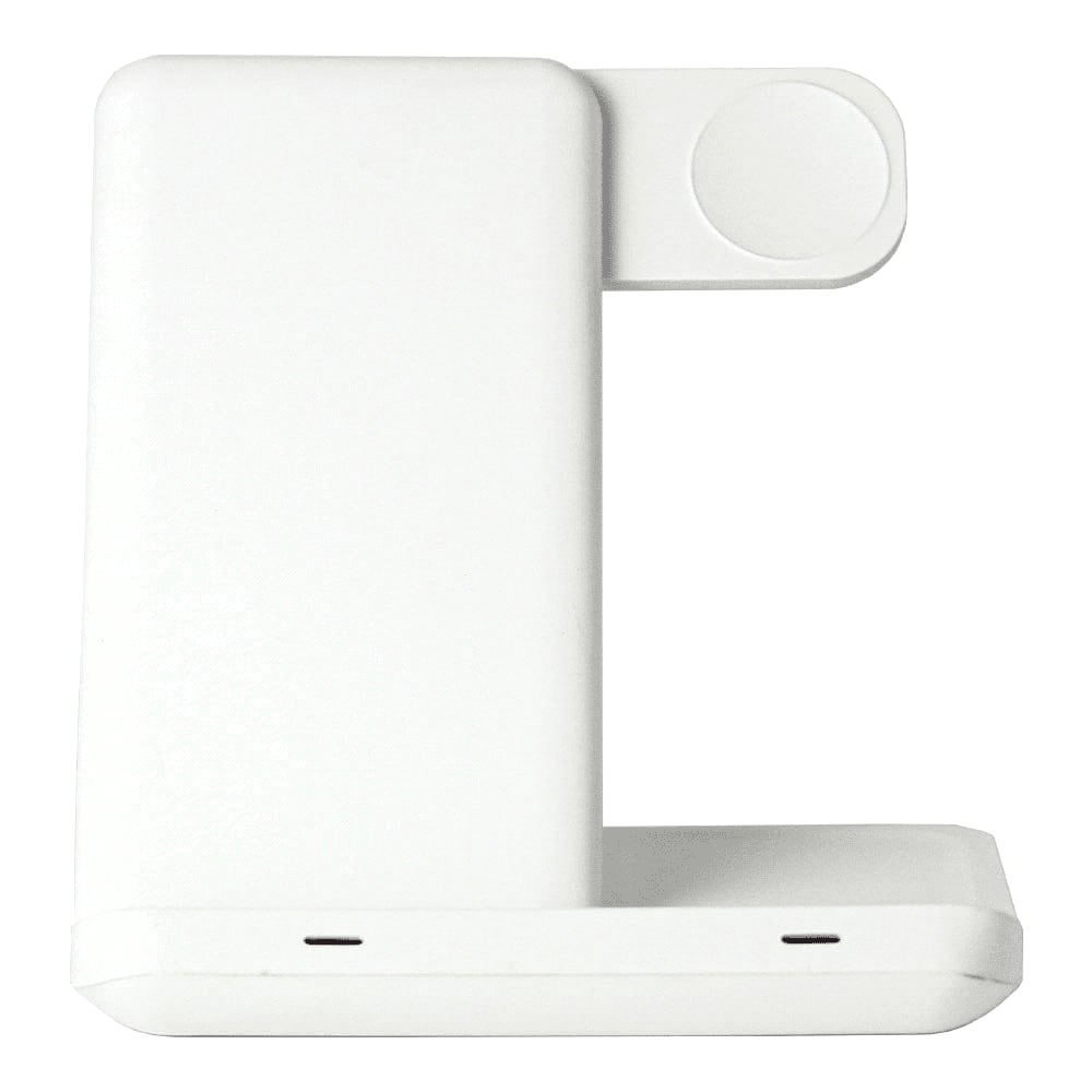 A white 3 in 1 wireless charger with a compact design and an integrated charging pad.