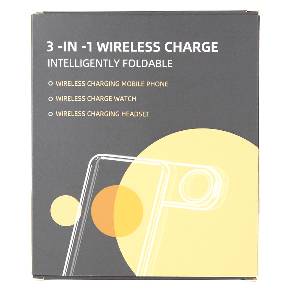 A packaging box for a 3 in 1 wireless charger, featuring bold graphics and a simple, modern design.