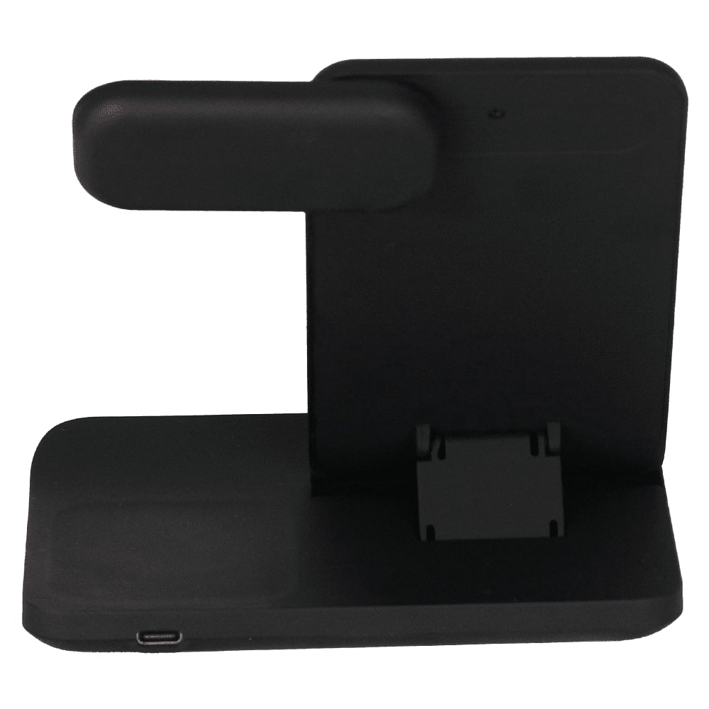 A black 3-in-1 wireless charger stand with a vertical holder for devices and a base for charging.