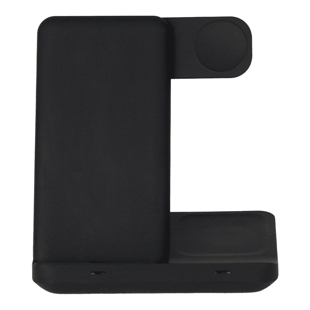 A black 3 in 1 wireless charger with a sleek design and multiple charging surfaces. It features a logo on the side.