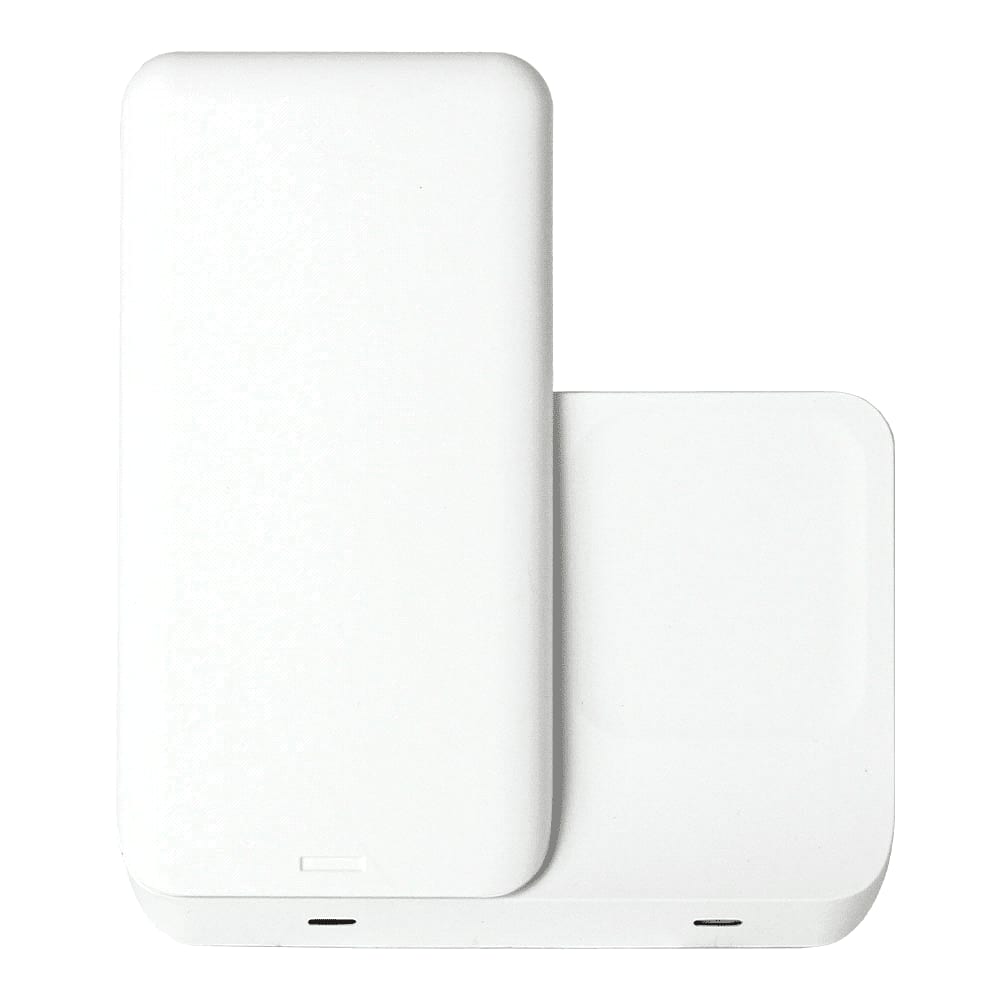 A white 3 in 1 wireless charger with a sleek, minimalist design and a logo on its surface.
