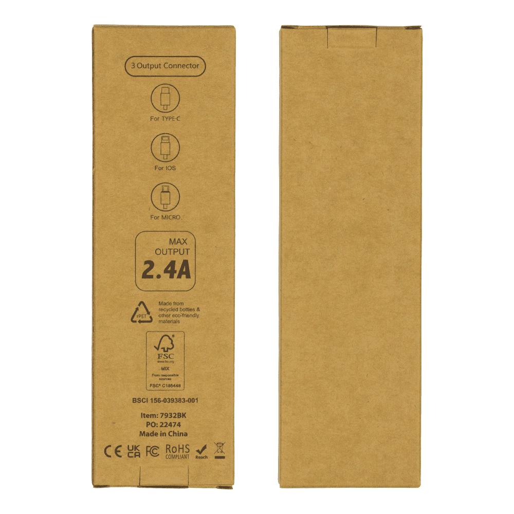 A cardboard packaging containing a 6-in-1 charging cable with multiple output connectors. The design is minimalist and eco-friendly.