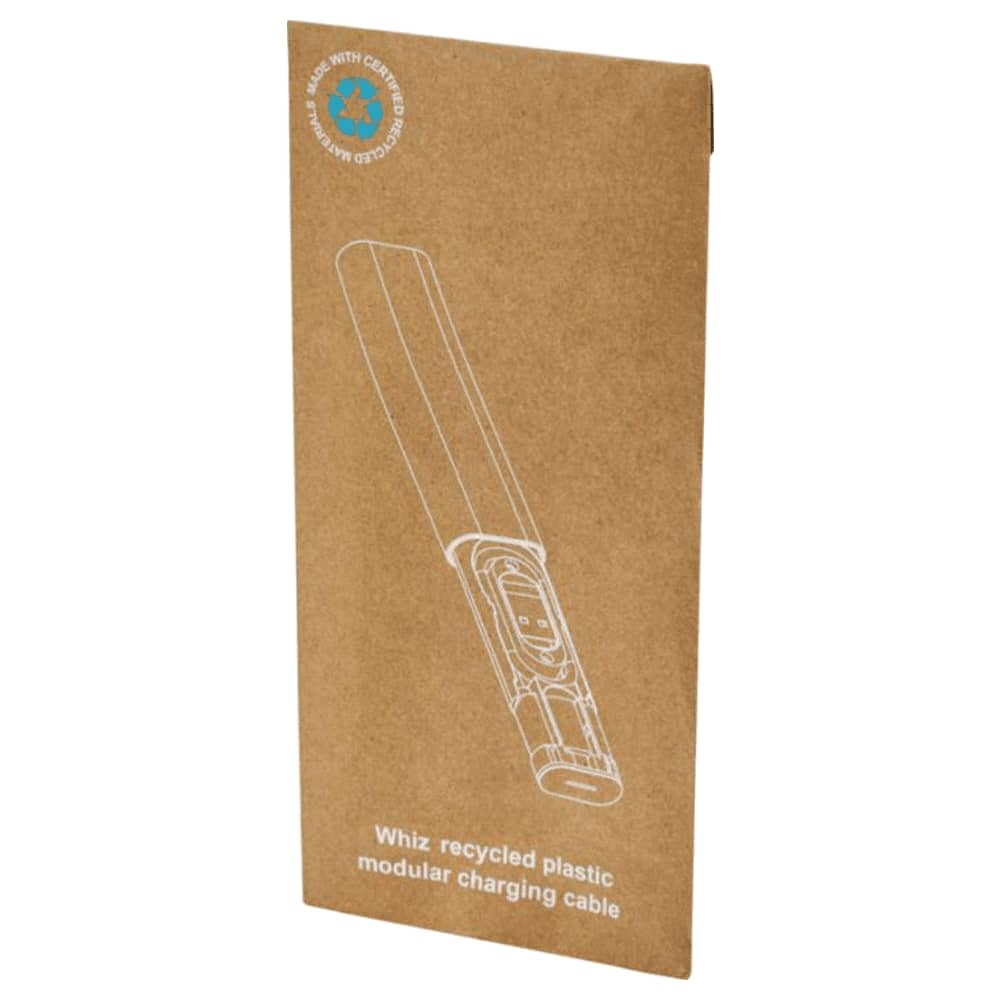 A modular charging cable packaged in eco-friendly cardboard, featuring a logo and a sleek design, predominantly in earthy tones.