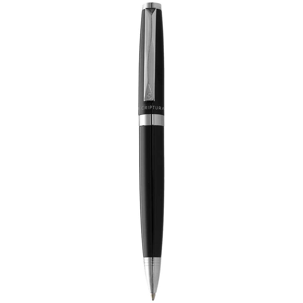 A black pen with silver accents, featuring a branding logo, part of the Scriptura Gift Set for office use.
