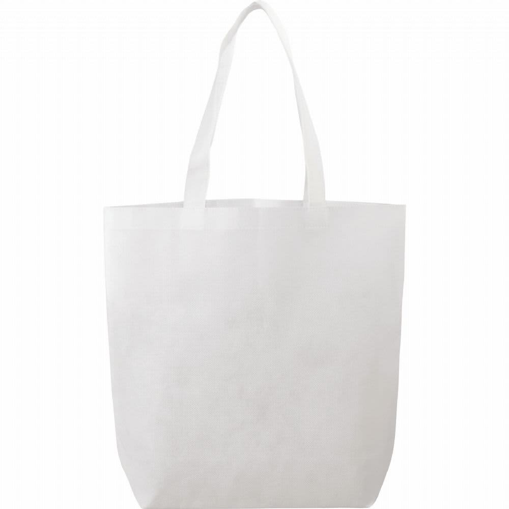 A white non-woven tote bag with two handles and a logo on the front.
