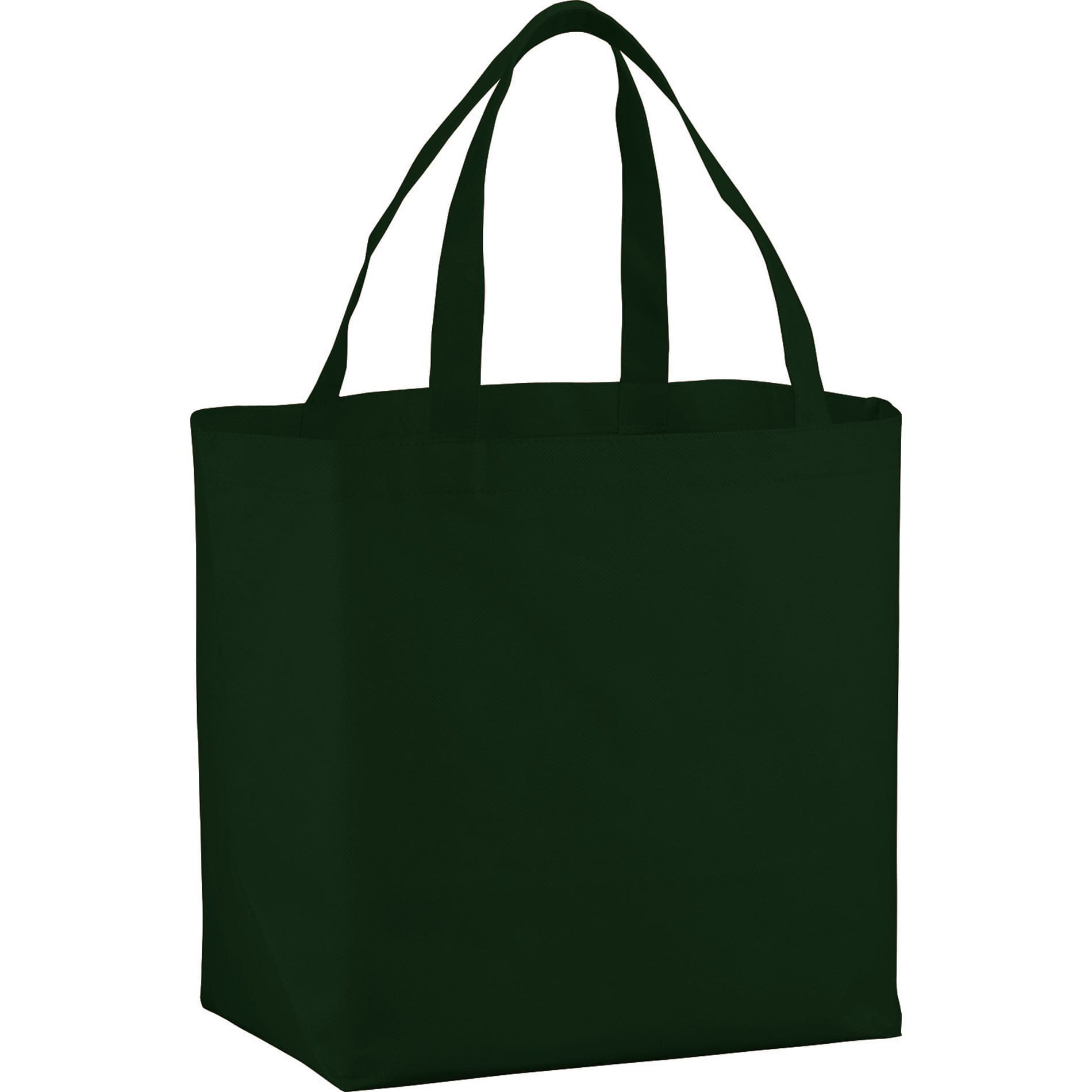A dark green non-woven shopper tote bag with two handles and a sturdy design. It includes a logo.