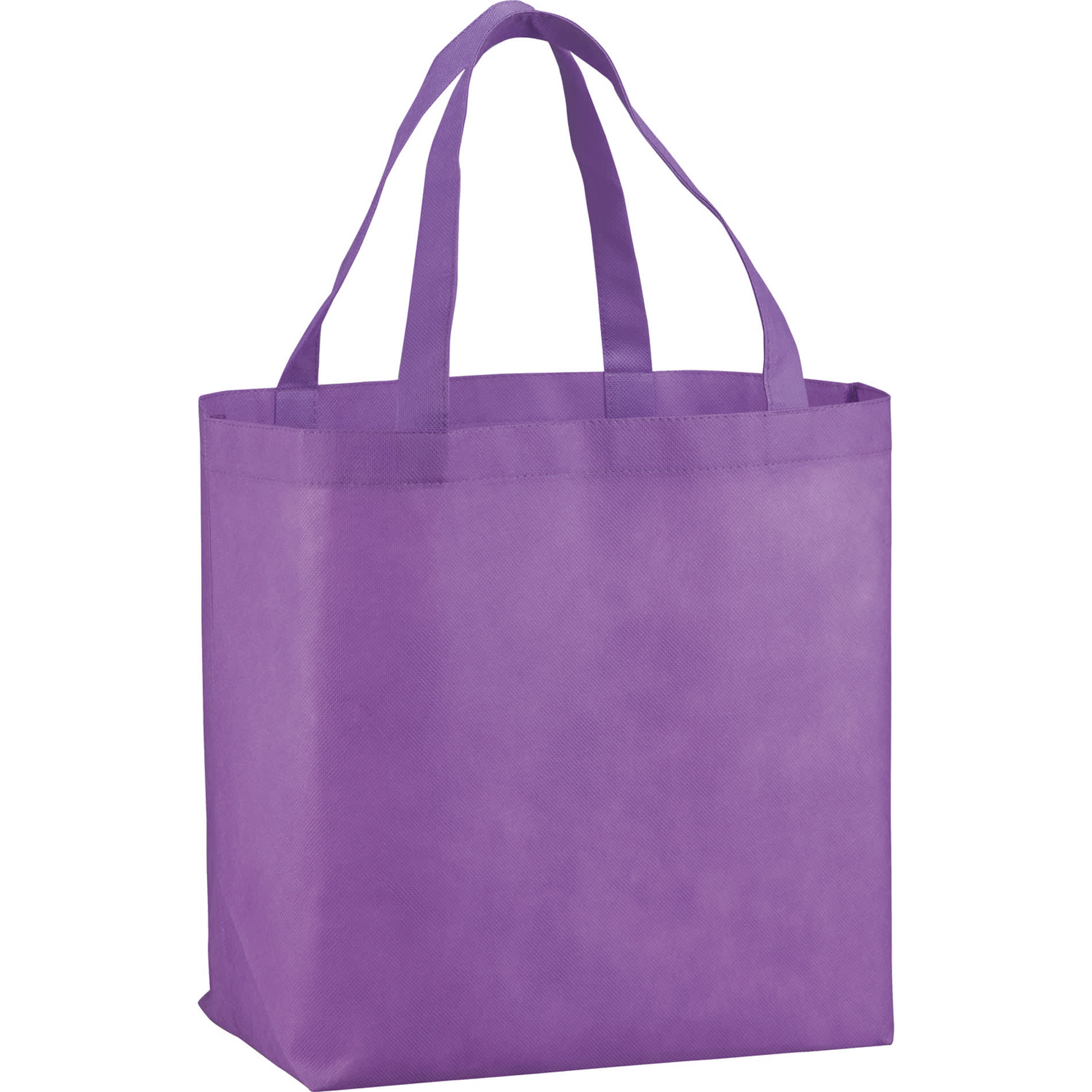 A purple non-woven tote bag with two handles and a spacious design. The bag includes a logo.