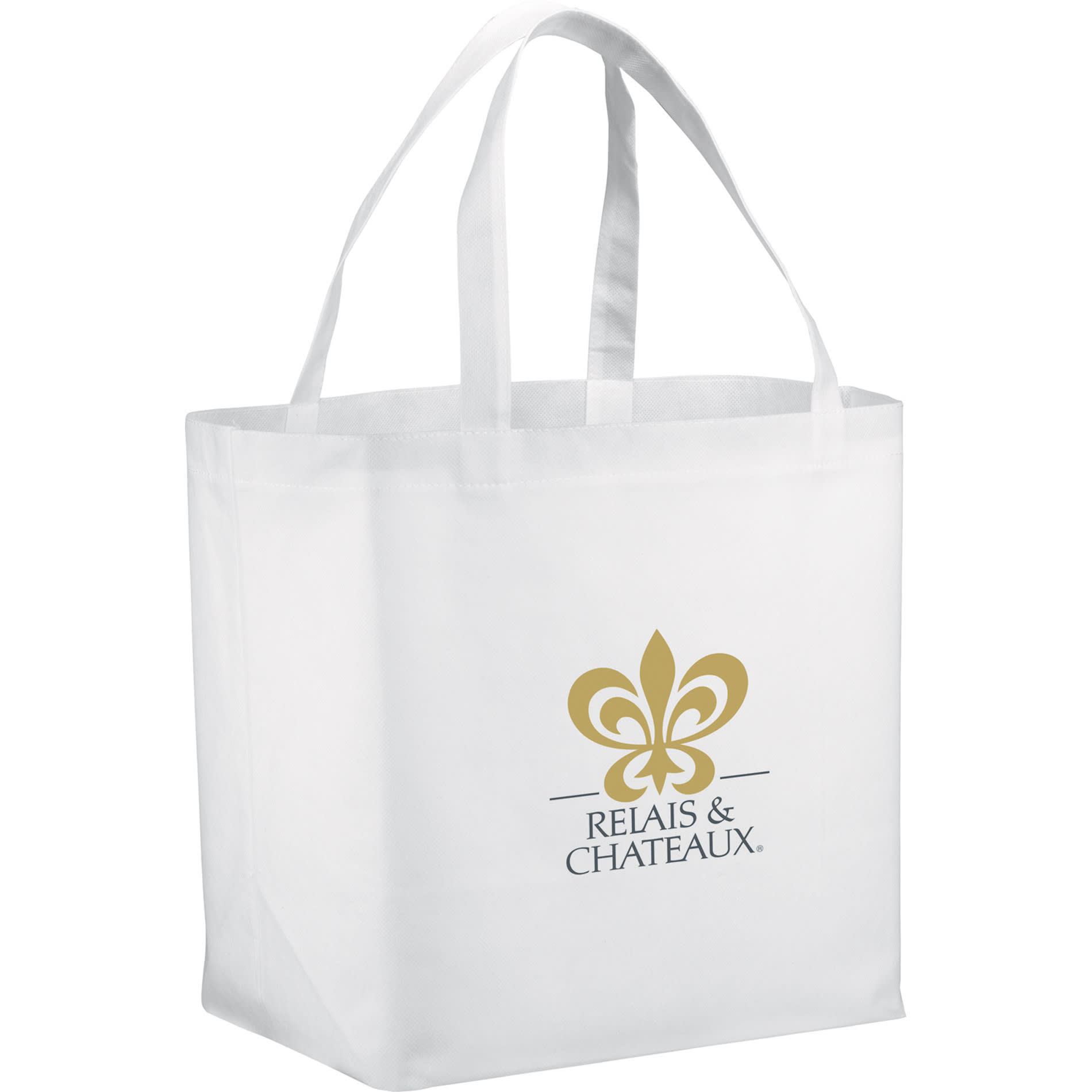 A white non-woven tote bag with two handles and a logo on one side. Features a spacious design for carrying items.