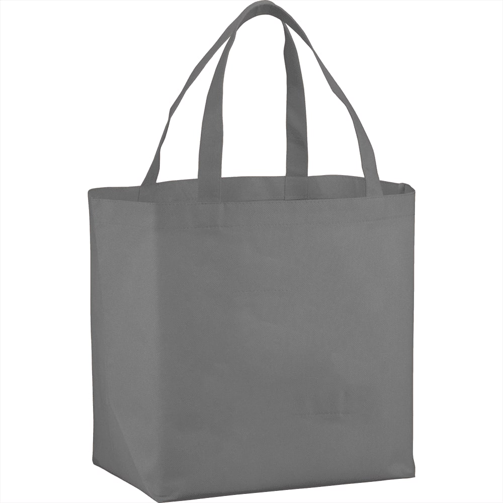 A grey non-woven tote bag with two sturdy handles, designed for shopping and carrying items.