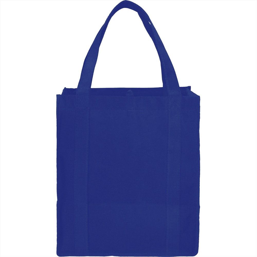 A blue reusable grocery tote bag with sturdy handles and an interior compartment. It features a logo.