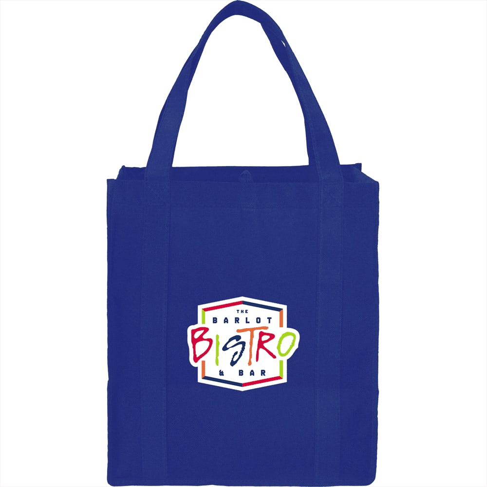 A blue non-woven grocery tote with sturdy handles and a logo on the front.